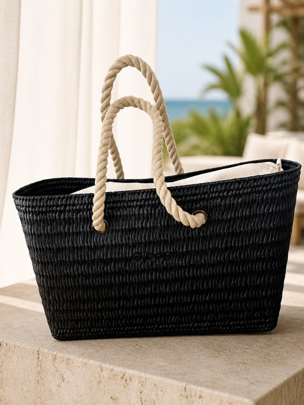 O Bag Beach Tote Bag Black with taupe liner and rope handles